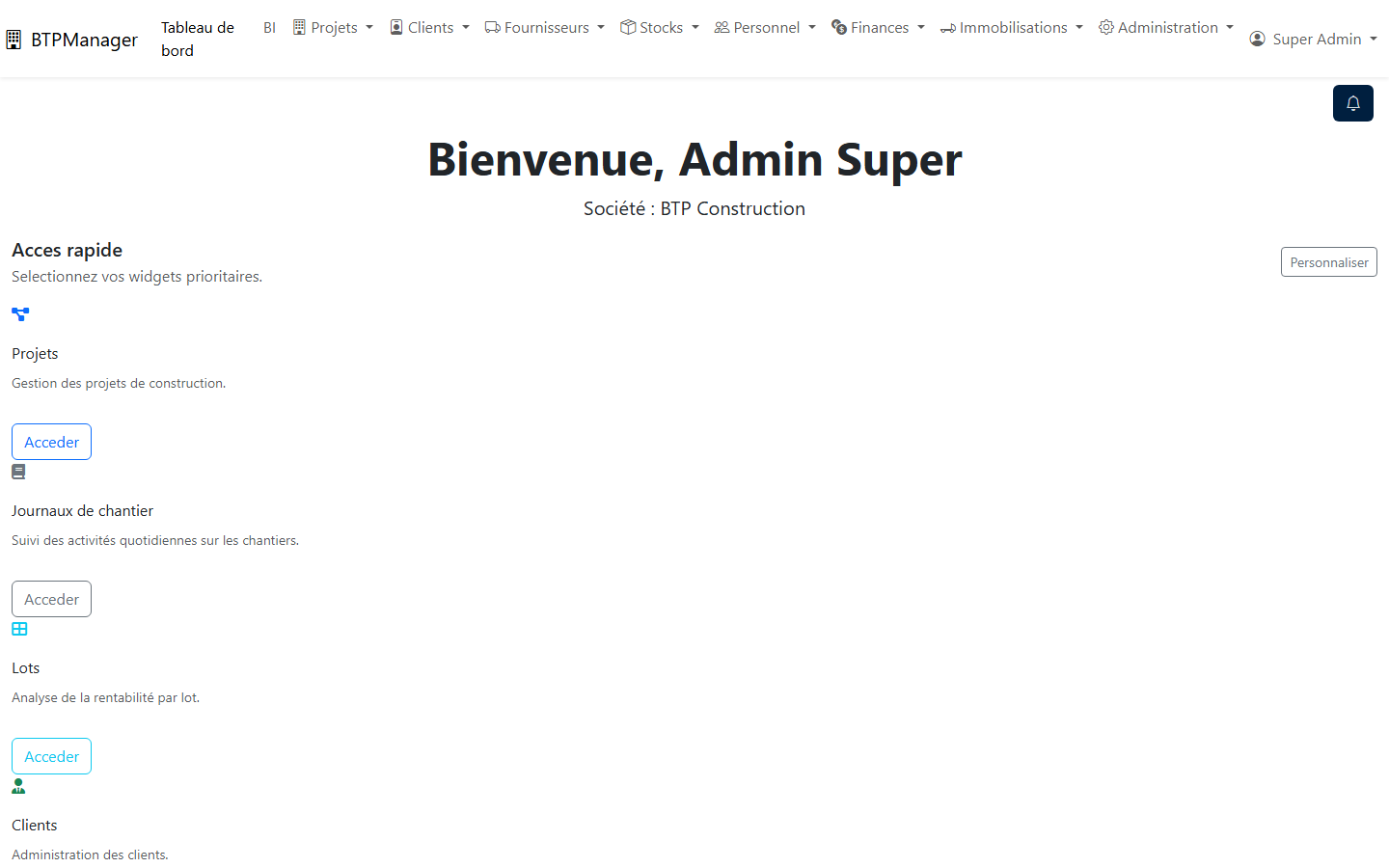 Capture d'écran de l'interface BTP ERP